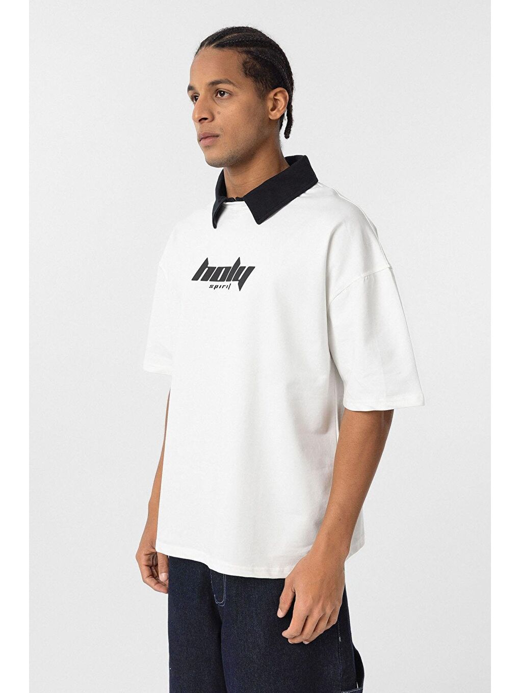 Polo Yaka Oversize Baskılı Tişört Ekru-2