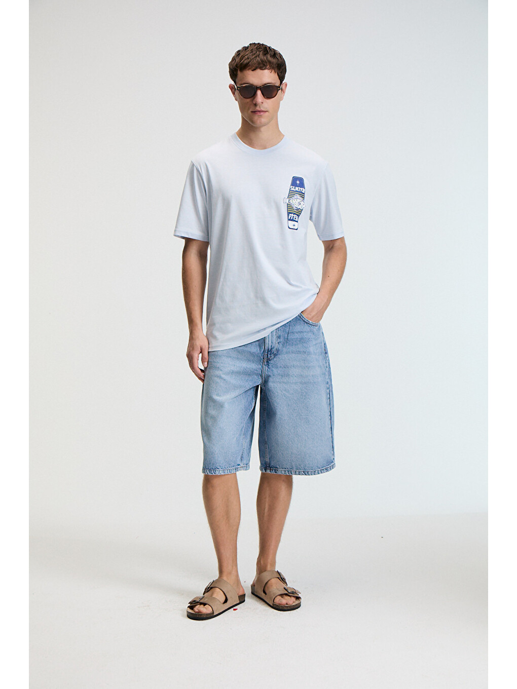 Savor Erkek Oversize %100 Pamuk Baskılı Yuvarlak Yaka Mavi T-shirt-1