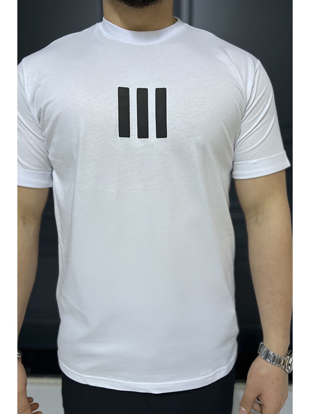 Beyaz Kol Katlamalı Baskılı Erkek Tişört-2