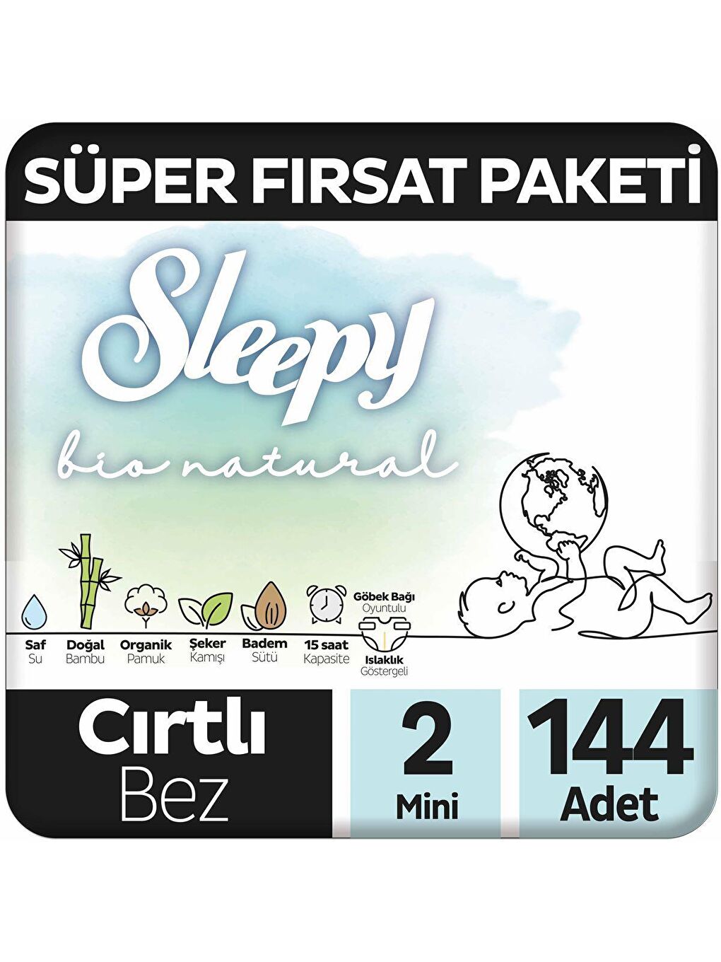 Sleepy Beyaz Bio Natural Süper Fırsat Paketi Bebek Bezi 2 Numara Mini 144 Adet