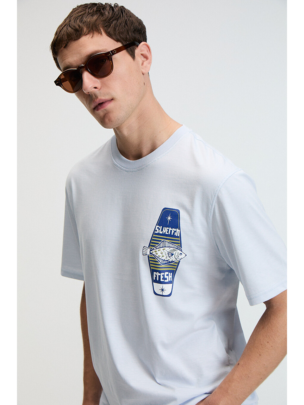 Savor Erkek Oversize %100 Pamuk Baskılı Yuvarlak Yaka Mavi T-shirt-2
