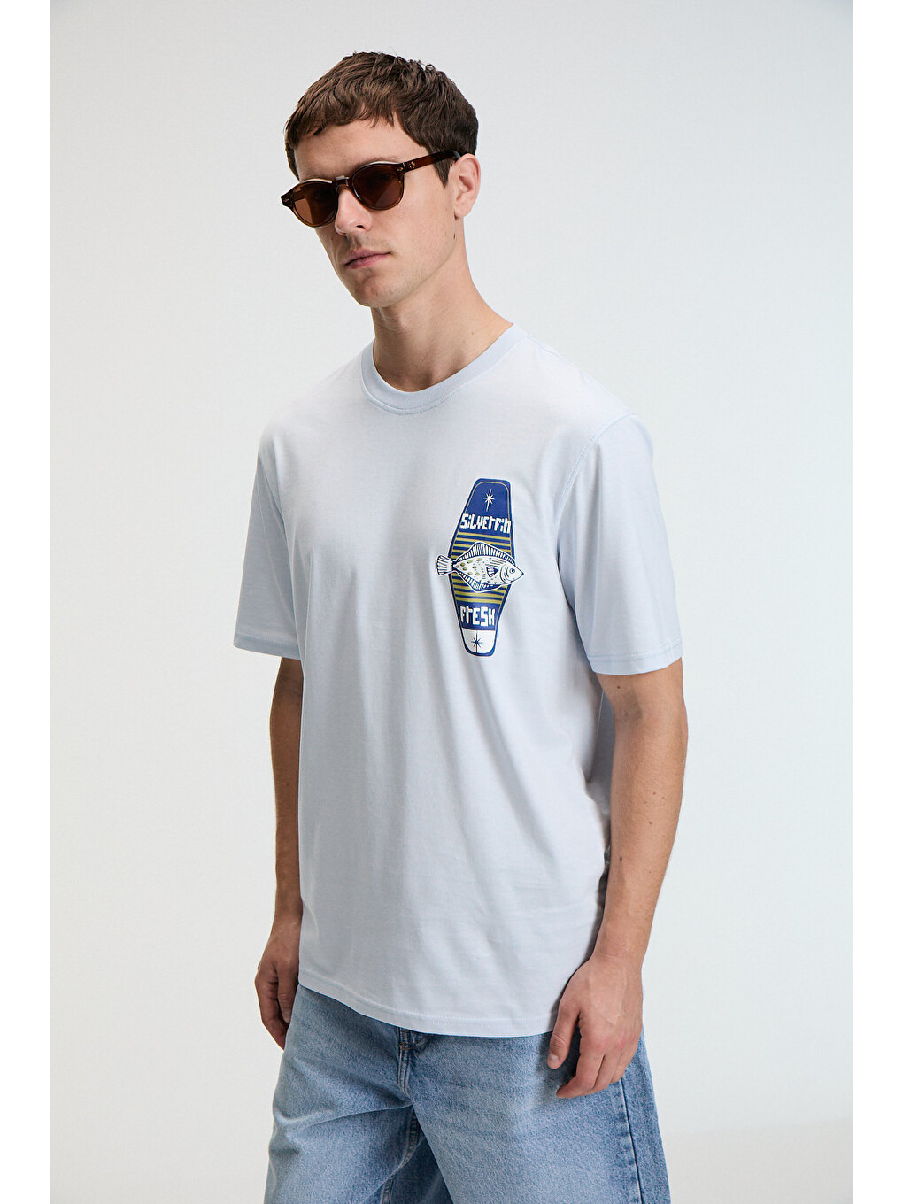 Savor Erkek Oversize %100 Pamuk Baskılı Yuvarlak Yaka Mavi T-shirt-3