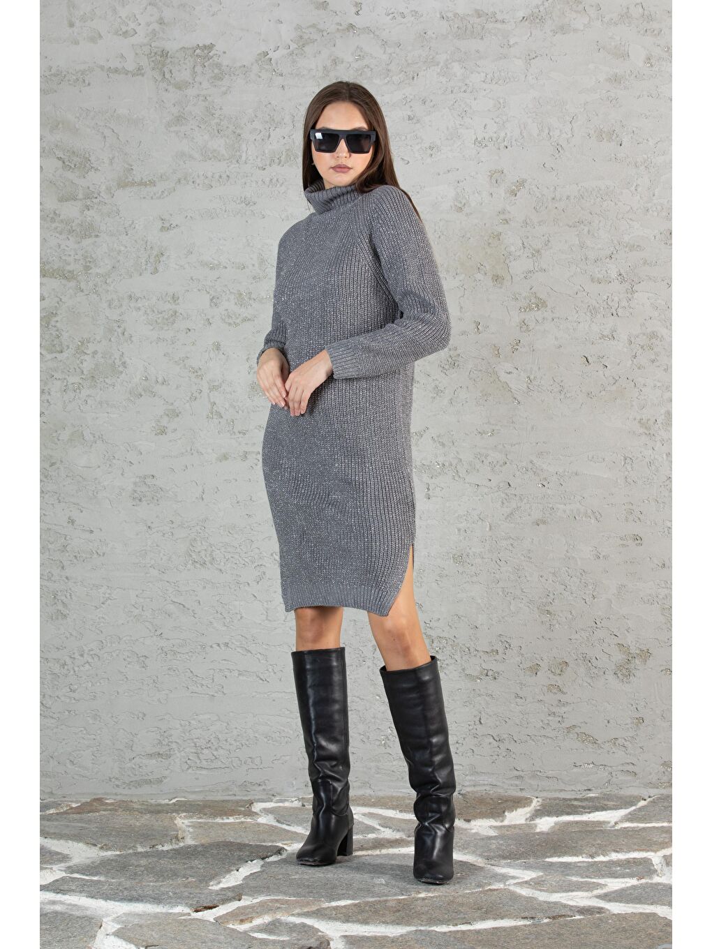 Gri Kadın Balıkçı Yaka Sim Garnili Triko Tunik 055