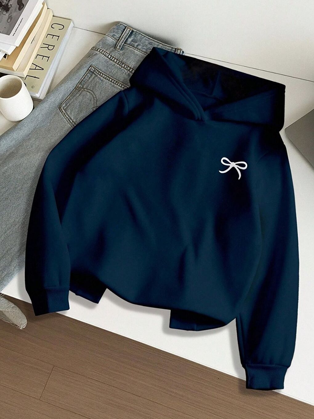 Unisex Erkek Kadın Kurdele Baskı Pamuklu Oversize Kapüşonlu Sweatshirt Lacivert