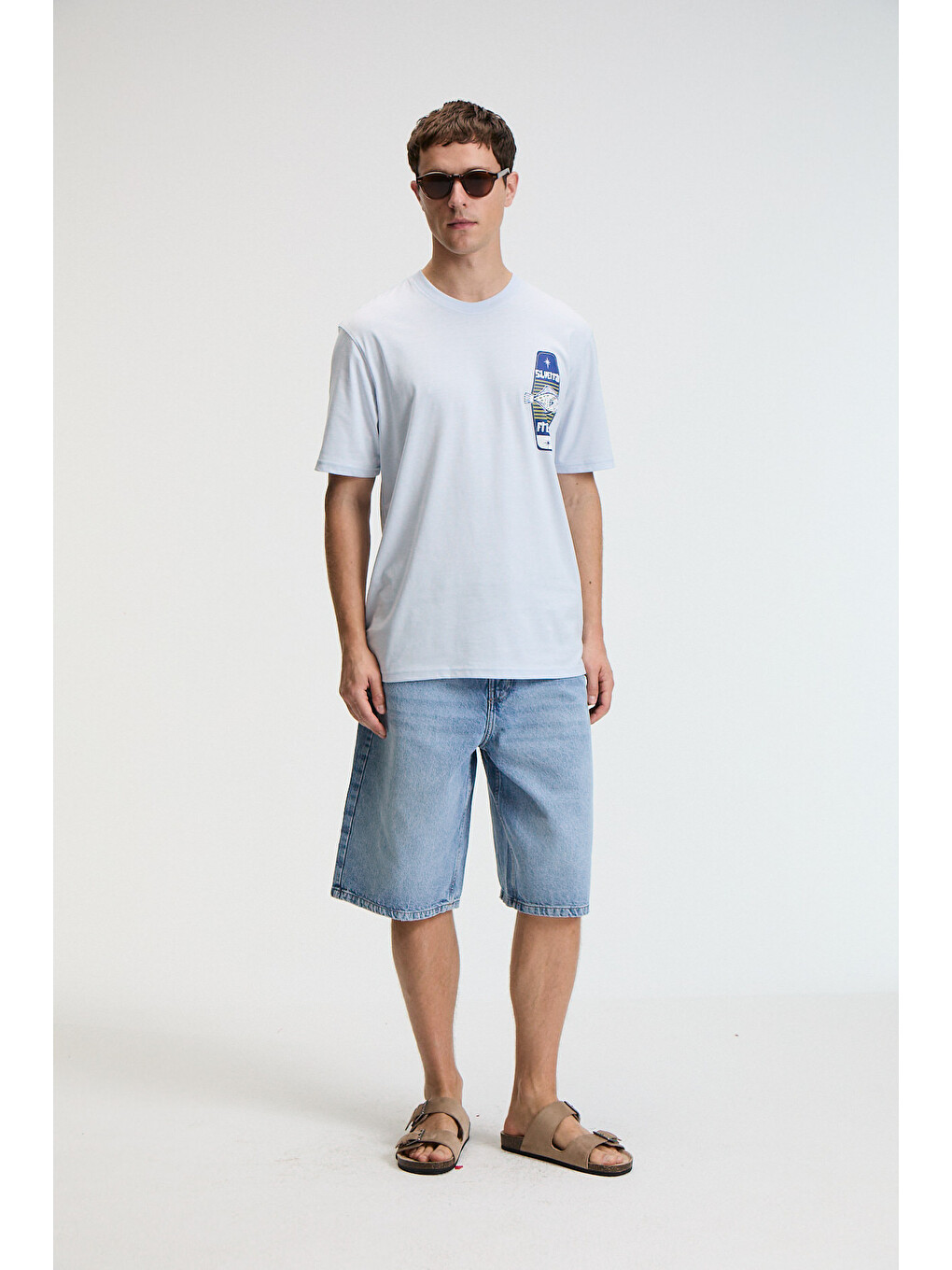 Savor Erkek Oversize %100 Pamuk Baskılı Yuvarlak Yaka Mavi T-shirt-4