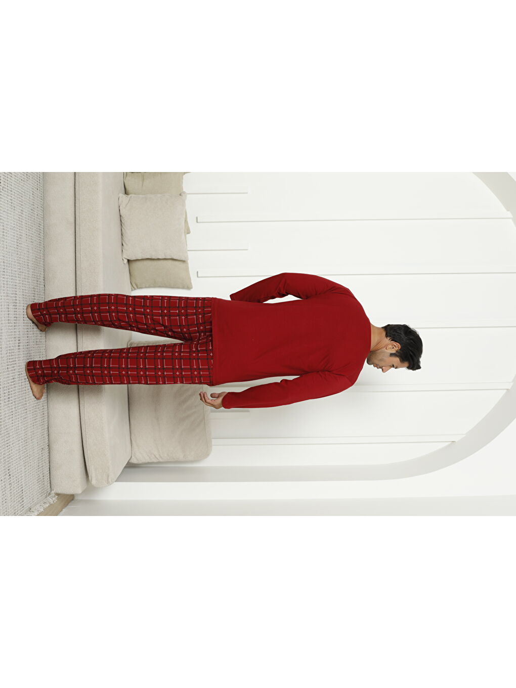 Kırmızı Erkek %100 Organik Doğal Pamuk Ekose Cep Detaylı Yüksek Kalite Uzun Kollu Pijama Takımı-1