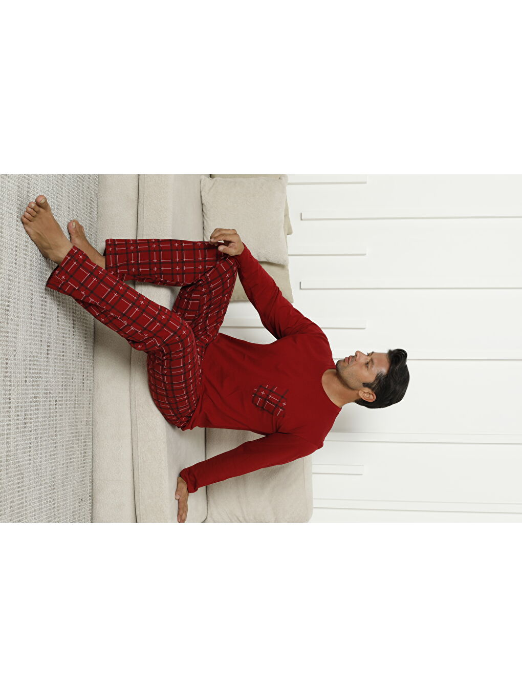 Kırmızı Erkek %100 Organik Doğal Pamuk Ekose Cep Detaylı Yüksek Kalite Uzun Kollu Pijama Takımı-2