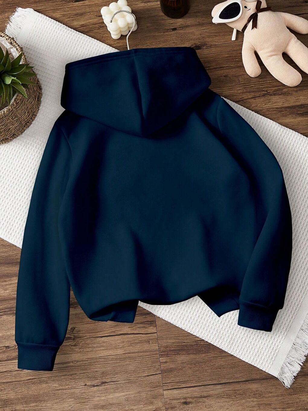 Unisex Erkek Kadın Kurdele Baskı Pamuklu Oversize Kapüşonlu Sweatshirt Lacivert-1