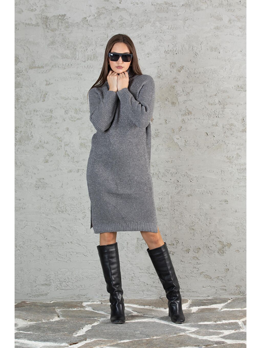 Gri Kadın Balıkçı Yaka Sim Garnili Triko Tunik 055-1