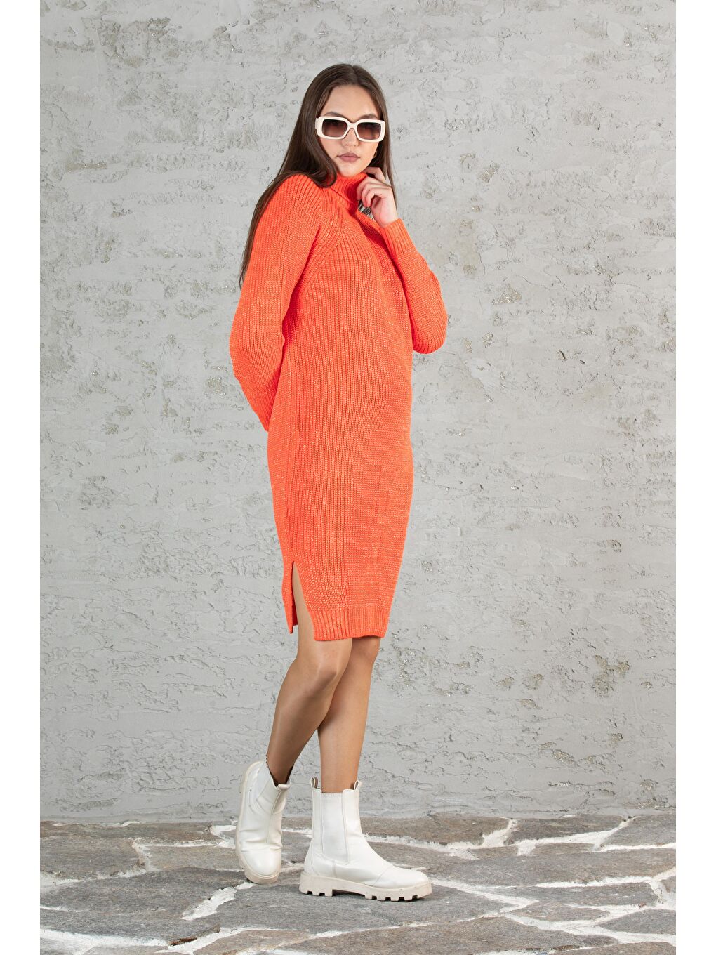 Turuncu Kadın Balıkçı Yaka Sim Garnili Triko Tunik 055-1