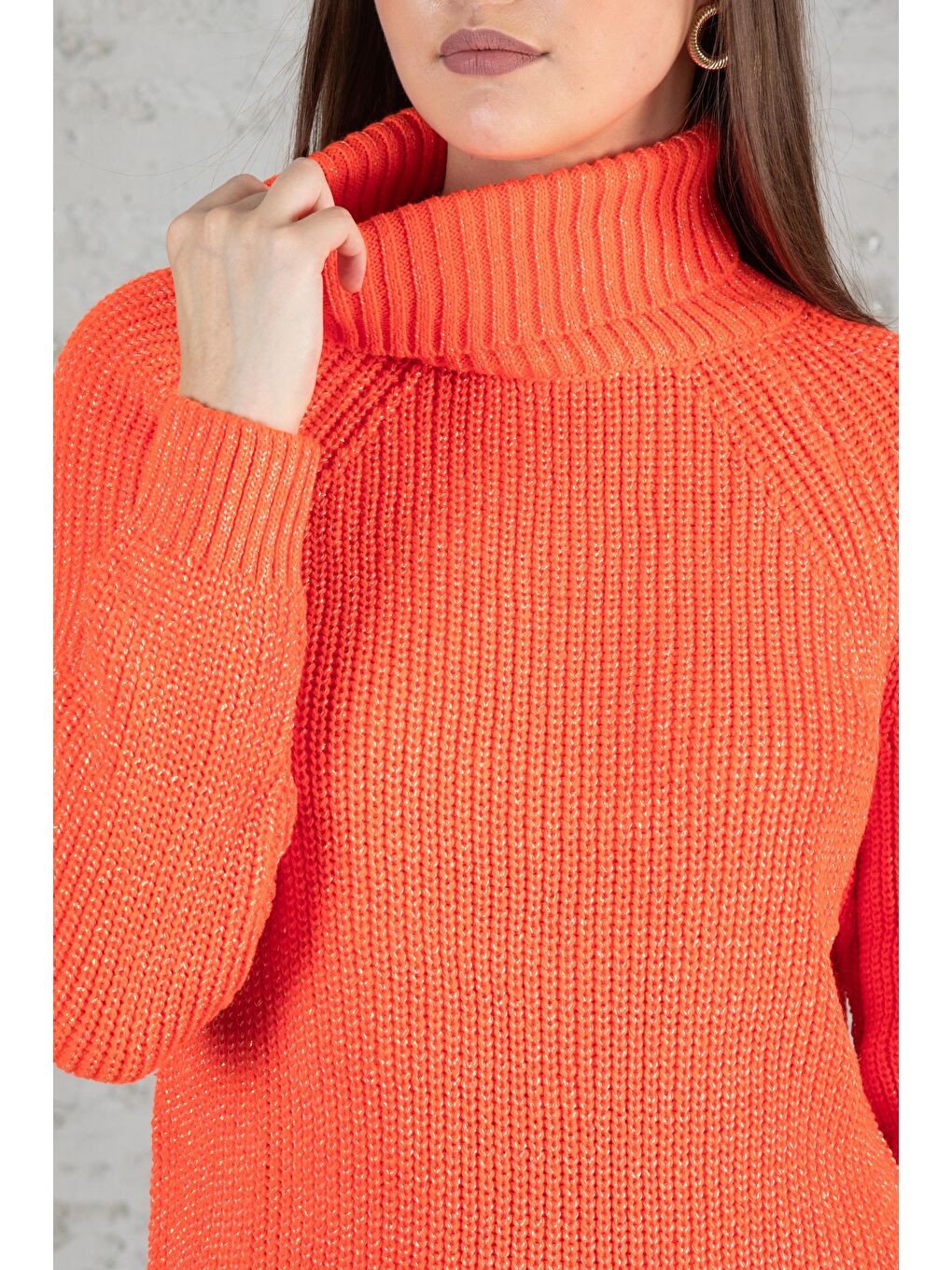 Turuncu Kadın Balıkçı Yaka Sim Garnili Triko Tunik 055-2