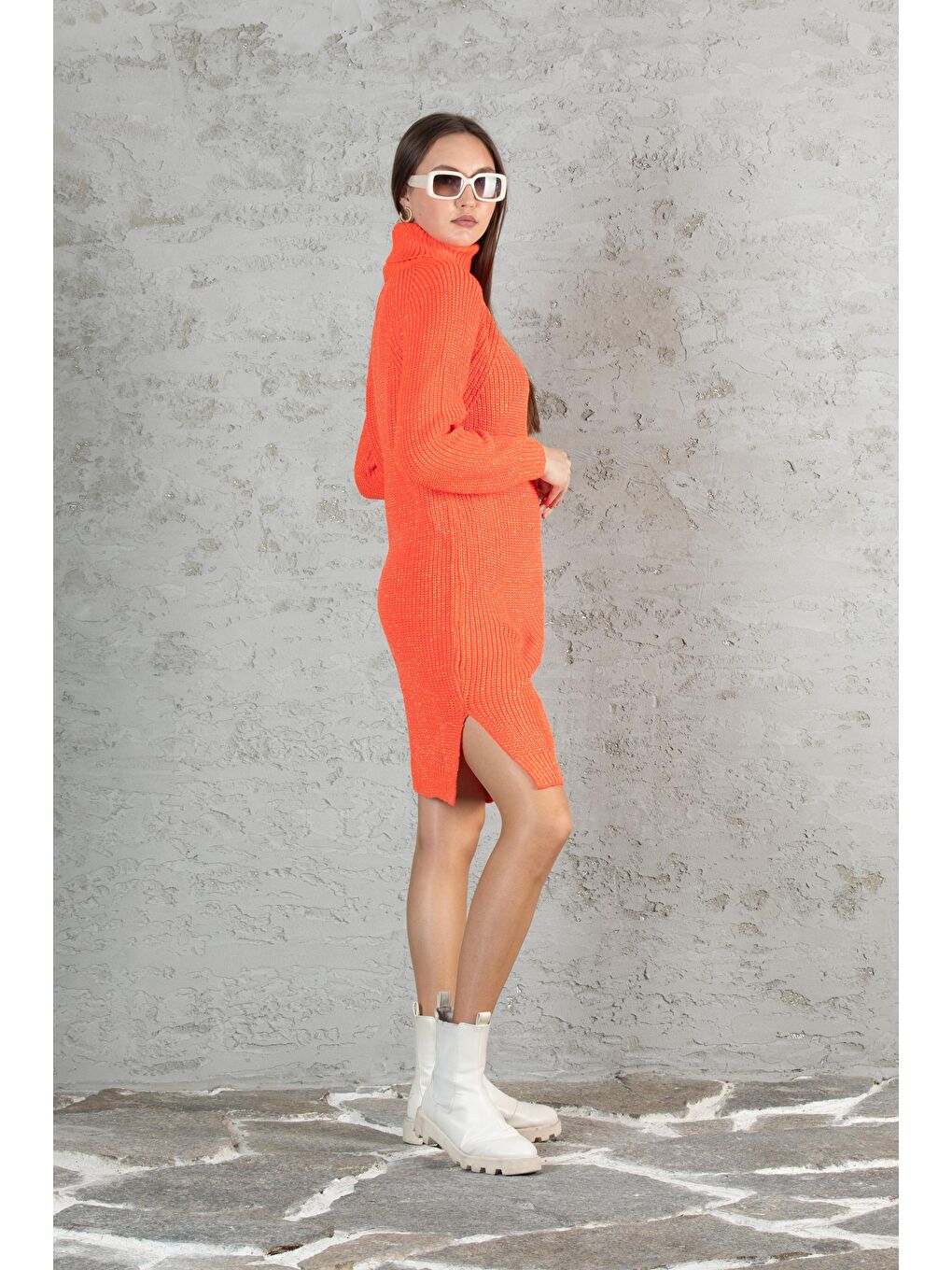 Turuncu Kadın Balıkçı Yaka Sim Garnili Triko Tunik 055-3