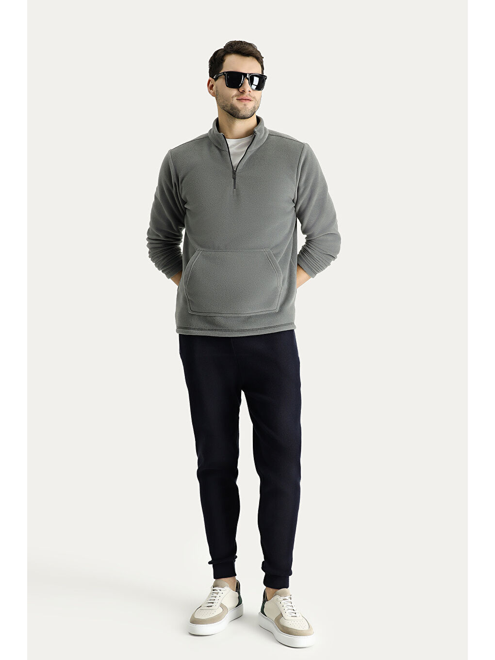 Gri Yarım Fermuarlı Polar Büyük Beden Sweatshirt-1