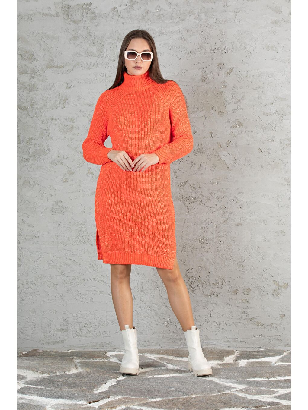 Turuncu Kadın Balıkçı Yaka Sim Garnili Triko Tunik 055-4