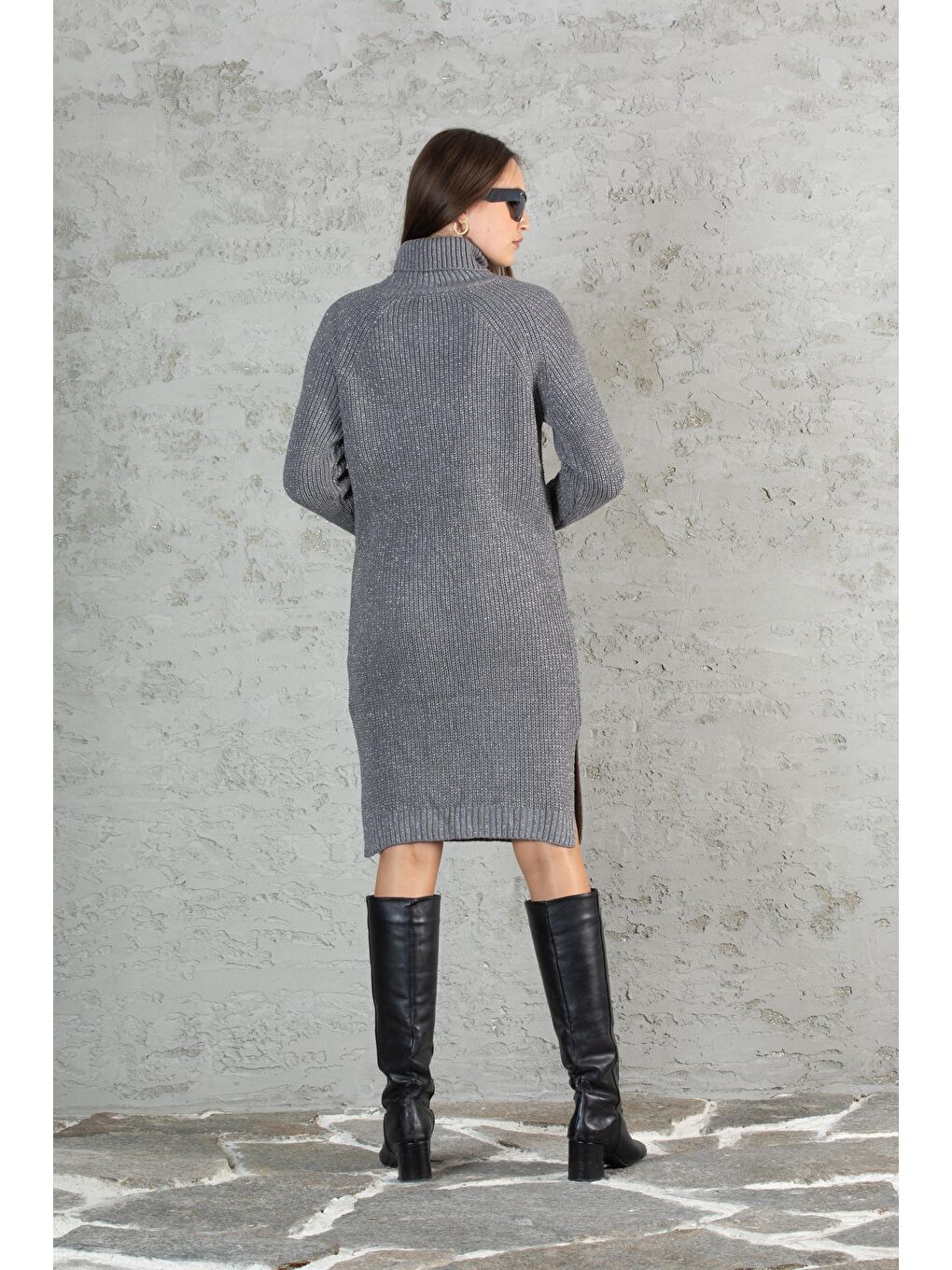 Gri Kadın Balıkçı Yaka Sim Garnili Triko Tunik 055-3