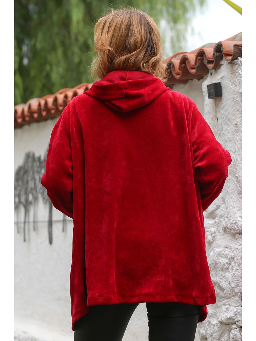 İtalyan Kırmızı Kapüşonlu Uzun Kol Fermuarlı Cepli Casual Kadife Dokuma 80 75-1