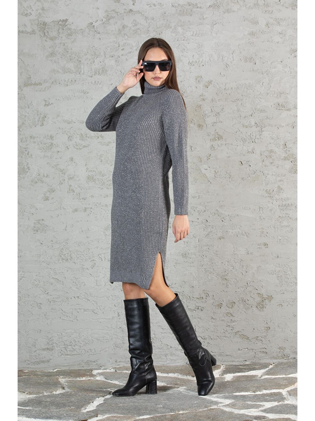 Gri Kadın Balıkçı Yaka Sim Garnili Triko Tunik 055-4