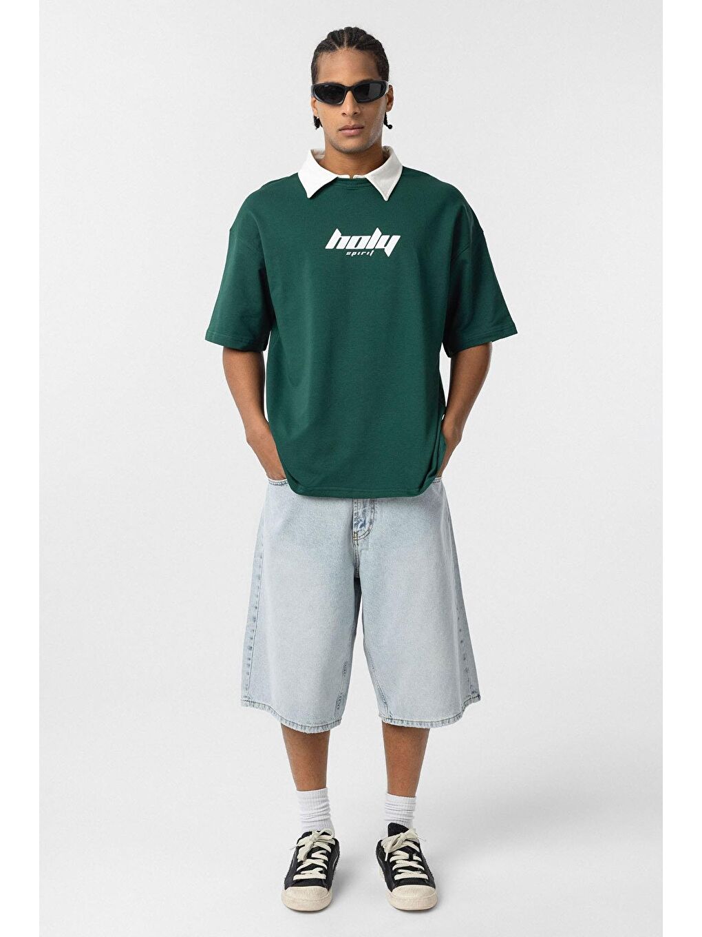 Yeşil Polo Yaka Oversize Baskılı Tişört Nefti