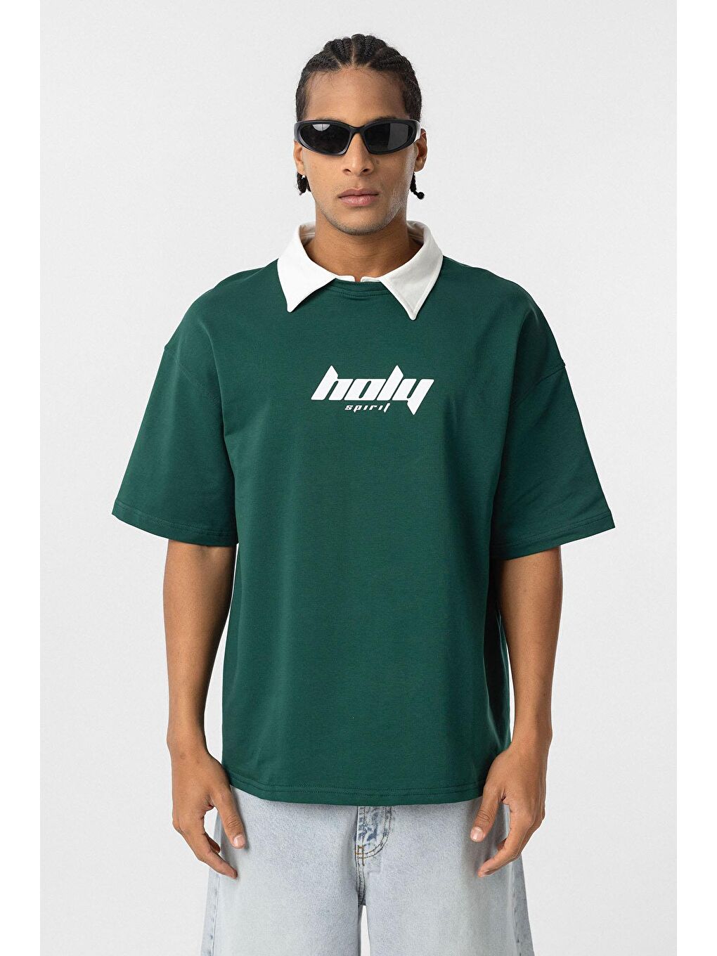 Yeşil Polo Yaka Oversize Baskılı Tişört Nefti-2