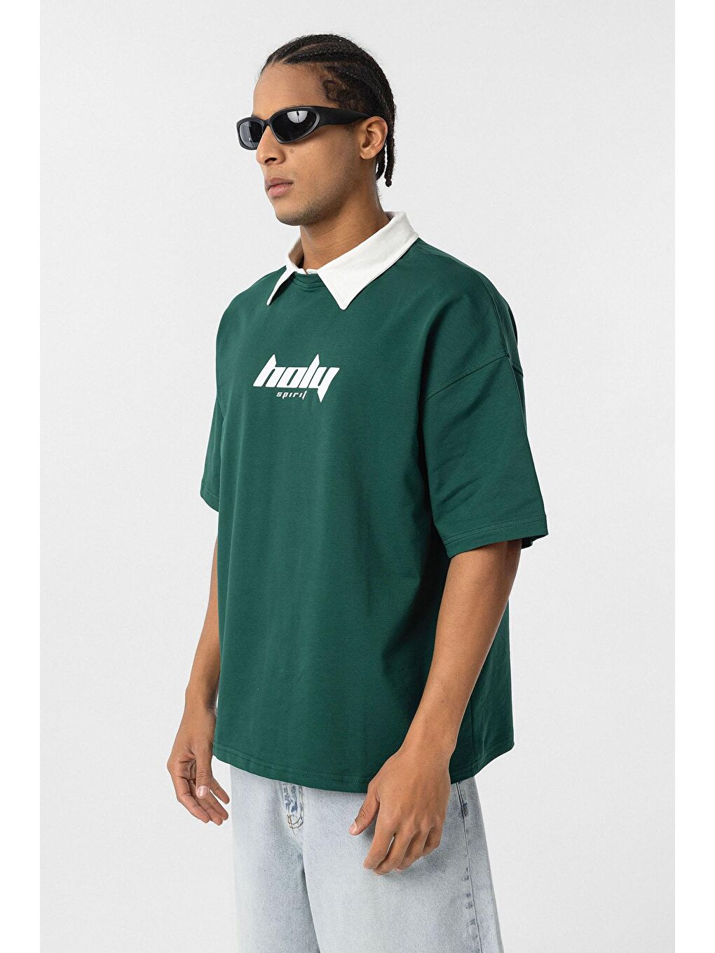 Yeşil Polo Yaka Oversize Baskılı Tişört Nefti-3