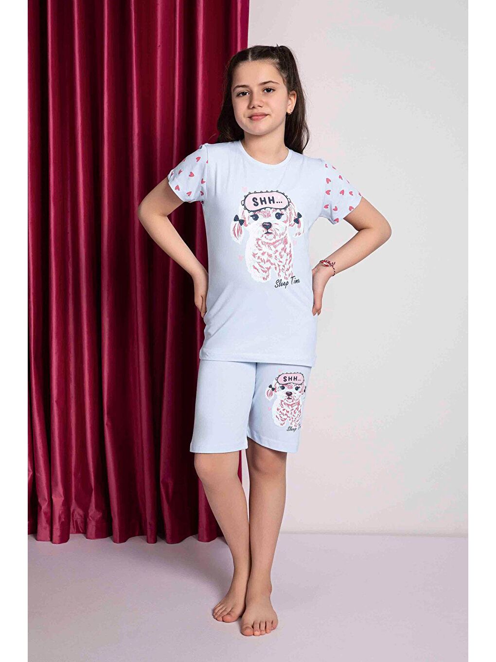 Kız Çocuk Penye Kısa Kollu Kaprili Pijama Takımı | Mavi 2669