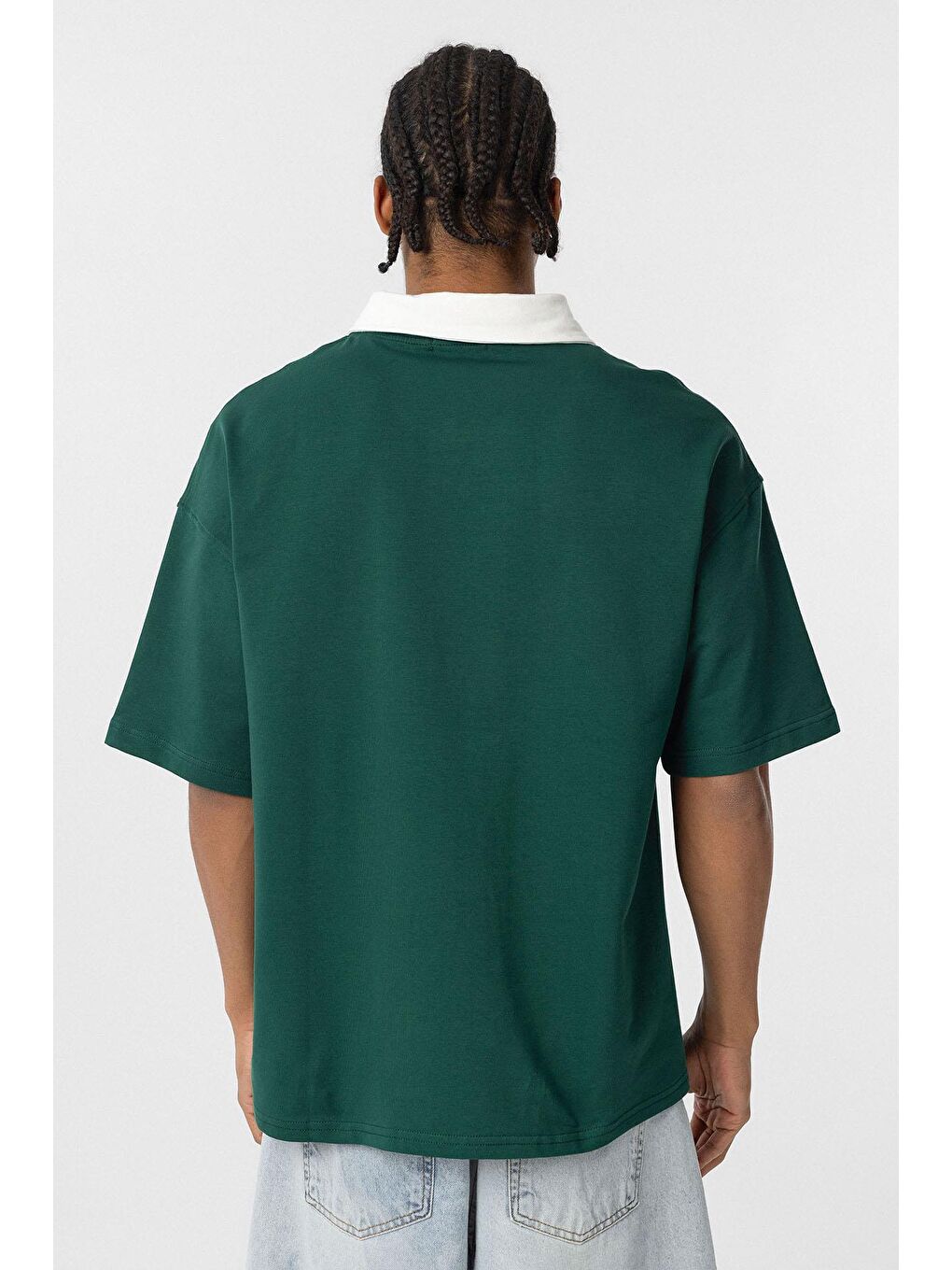 Yeşil Polo Yaka Oversize Baskılı Tişört Nefti-5