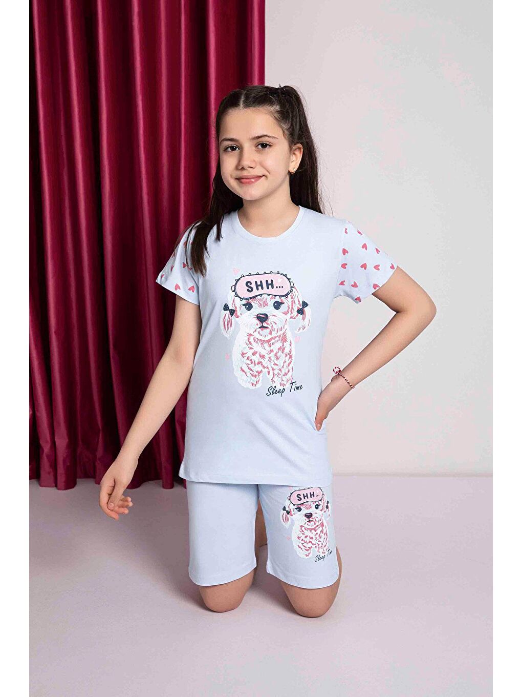 Kız Çocuk Penye Kısa Kollu Kaprili Pijama Takımı | Mavi 2669-1