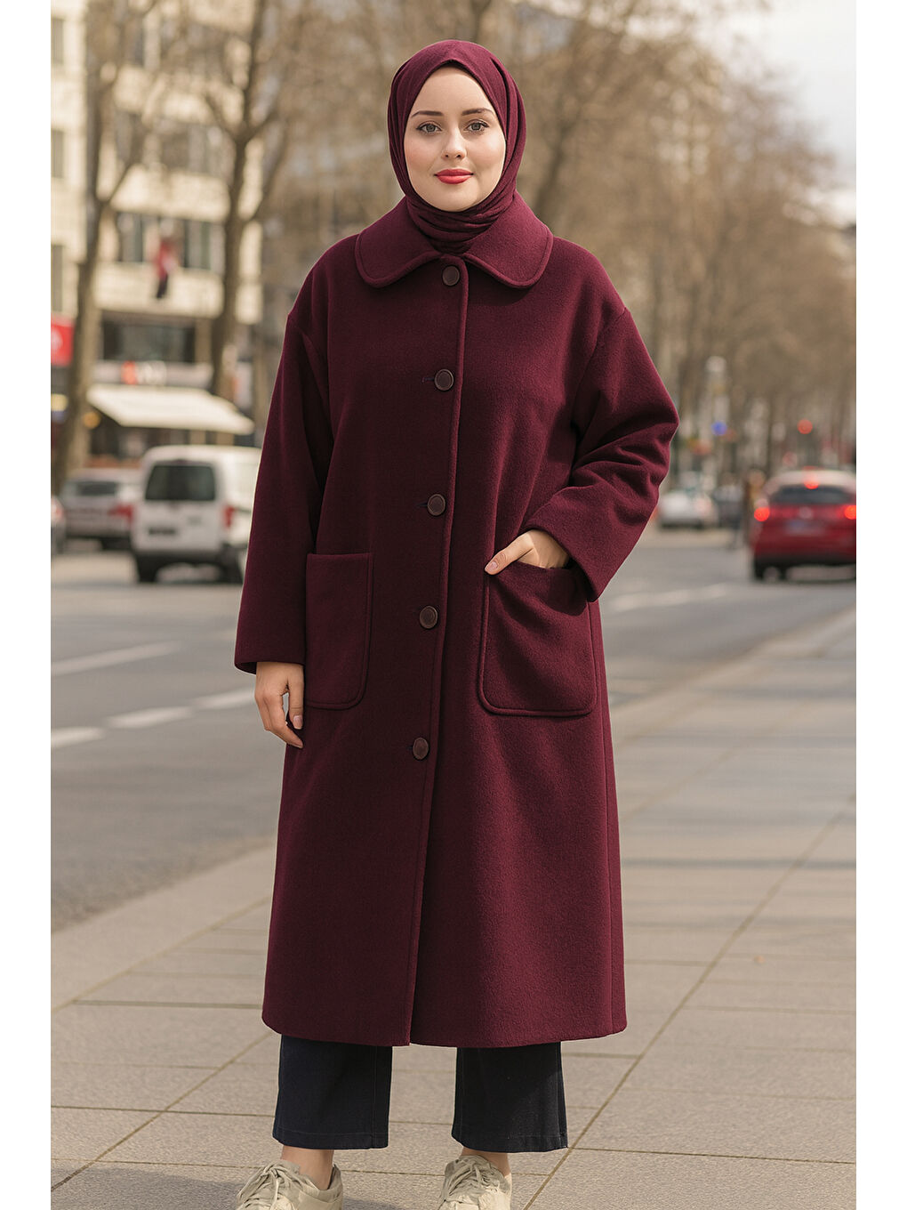 Önü Düğme ve Cep Detay Uzun Kap Ceket 15220 Bordo-3