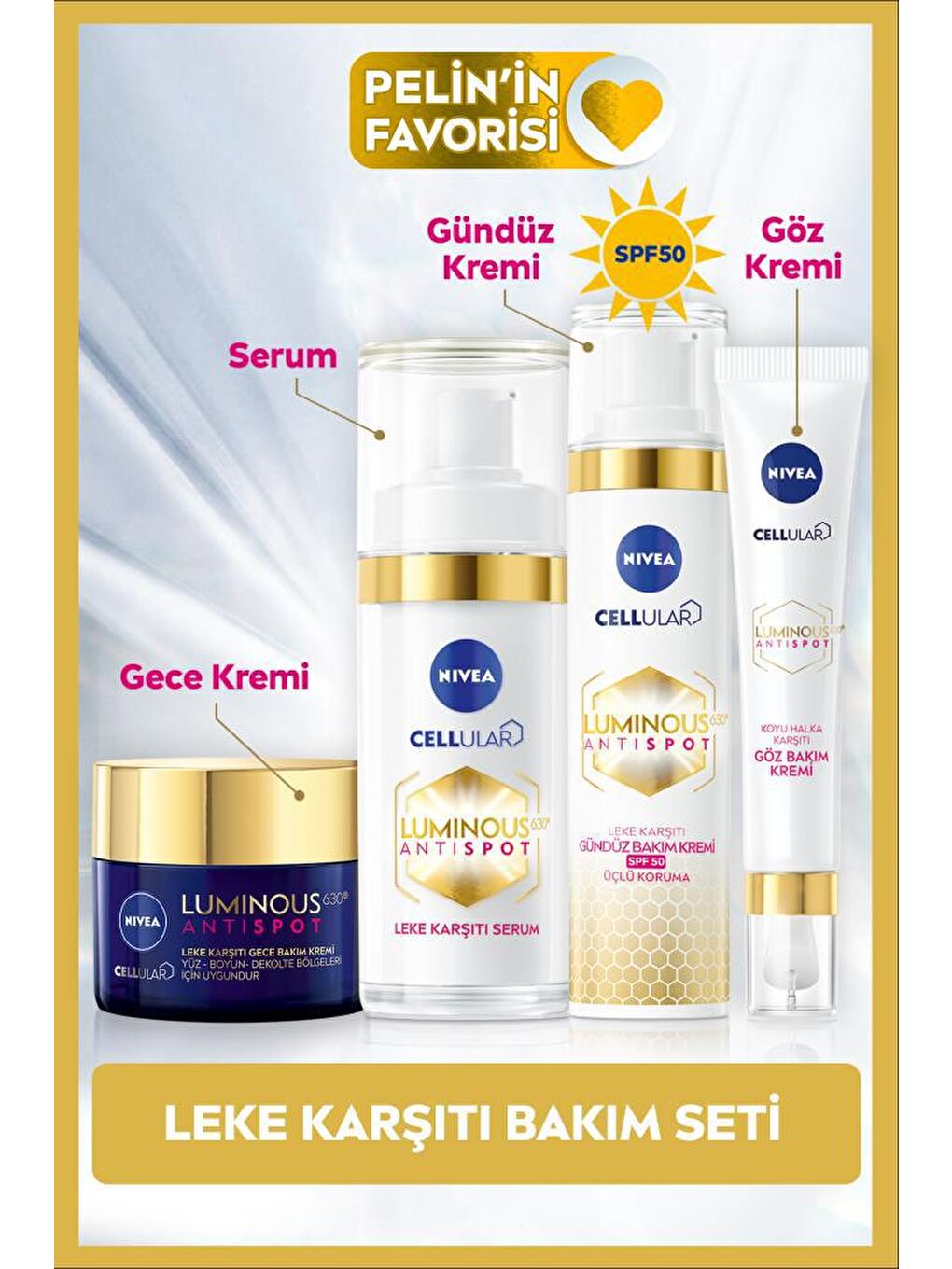 NIVEA Şeffaf Luminous630 Leke Karşıtı Cilt Bakım Seti, Gündüz Yüz Kremi Spf50, Gece Kremi, Cilt Serumu 30 ml