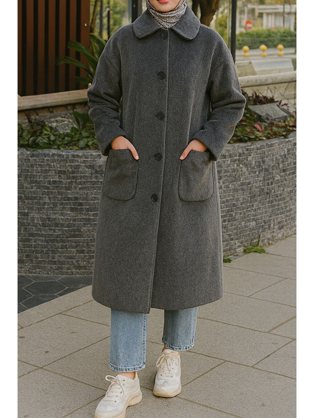 Önü Düğme ve Cep Detay Uzun Kap Ceket 15220 Antrasit-2