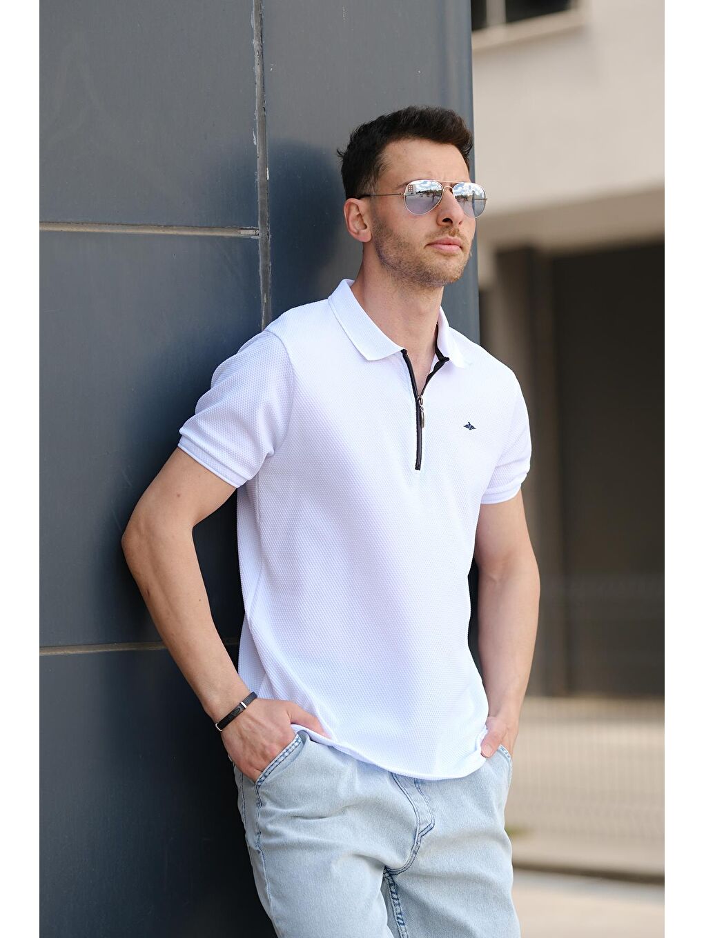 Beyaz Zack Polo Yaka Petek Kumaş Yarım Fermuarlı Erkek Tshirt