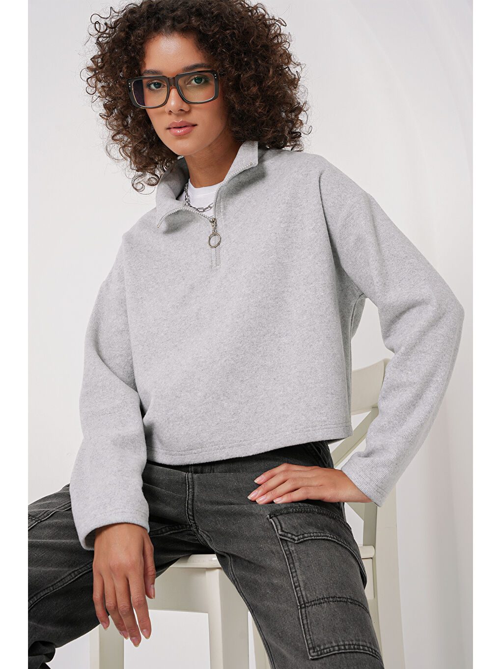 Bigdart Gri 55449 Fermuarlı Yaka Örme Sweatshirt - Gri