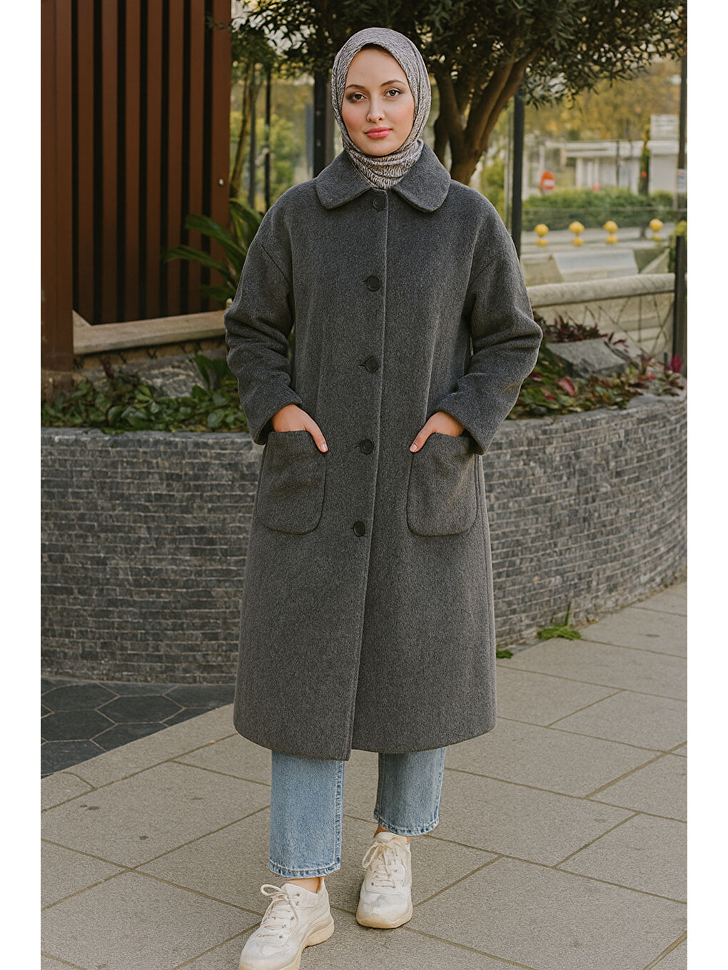 Önü Düğme ve Cep Detay Uzun Kap Ceket 15220 Antrasit-3