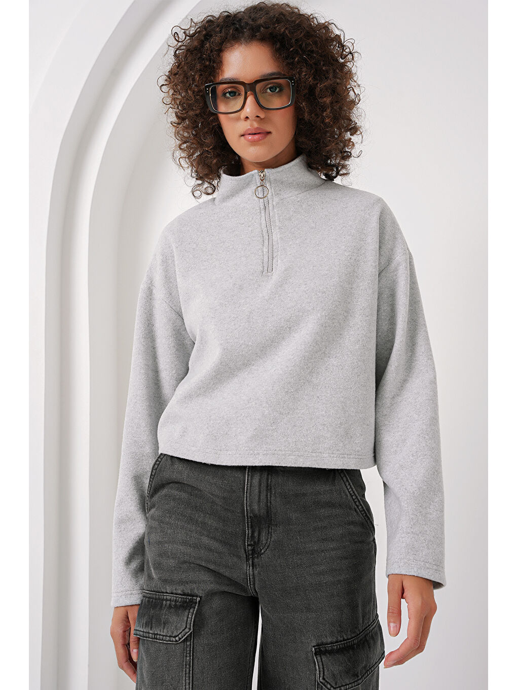 Bigdart Gri 55449 Fermuarlı Yaka Örme Sweatshirt - Gri - 2