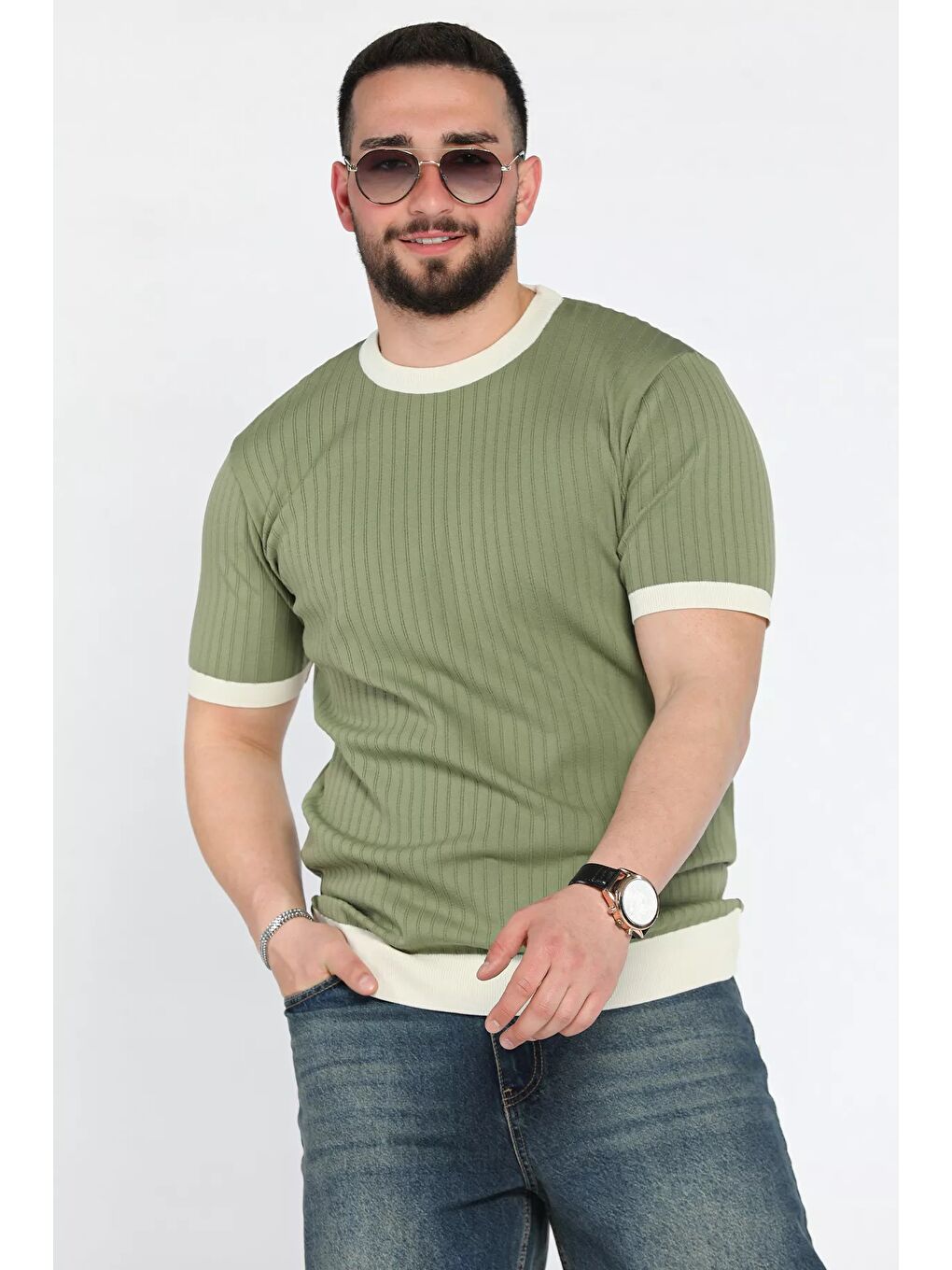 Haki Bisiklet Yaka Erkek Tişört-1