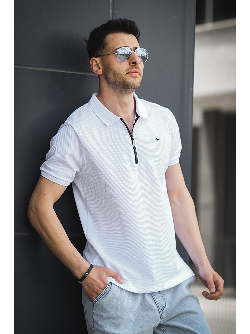 Beyaz Zack Polo Yaka Petek Kumaş Yarım Fermuarlı Erkek Tshirt-1