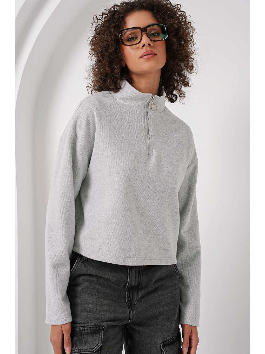 Bigdart Gri 55449 Fermuarlı Yaka Örme Sweatshirt - Gri - 3