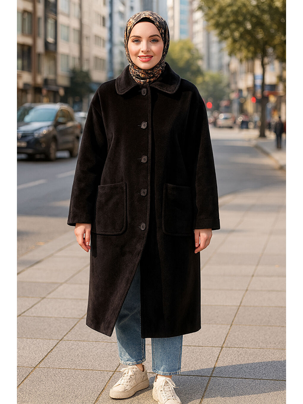 Önü Düğme ve Cep Detay Uzun Kap Ceket 15220 Siyah-3