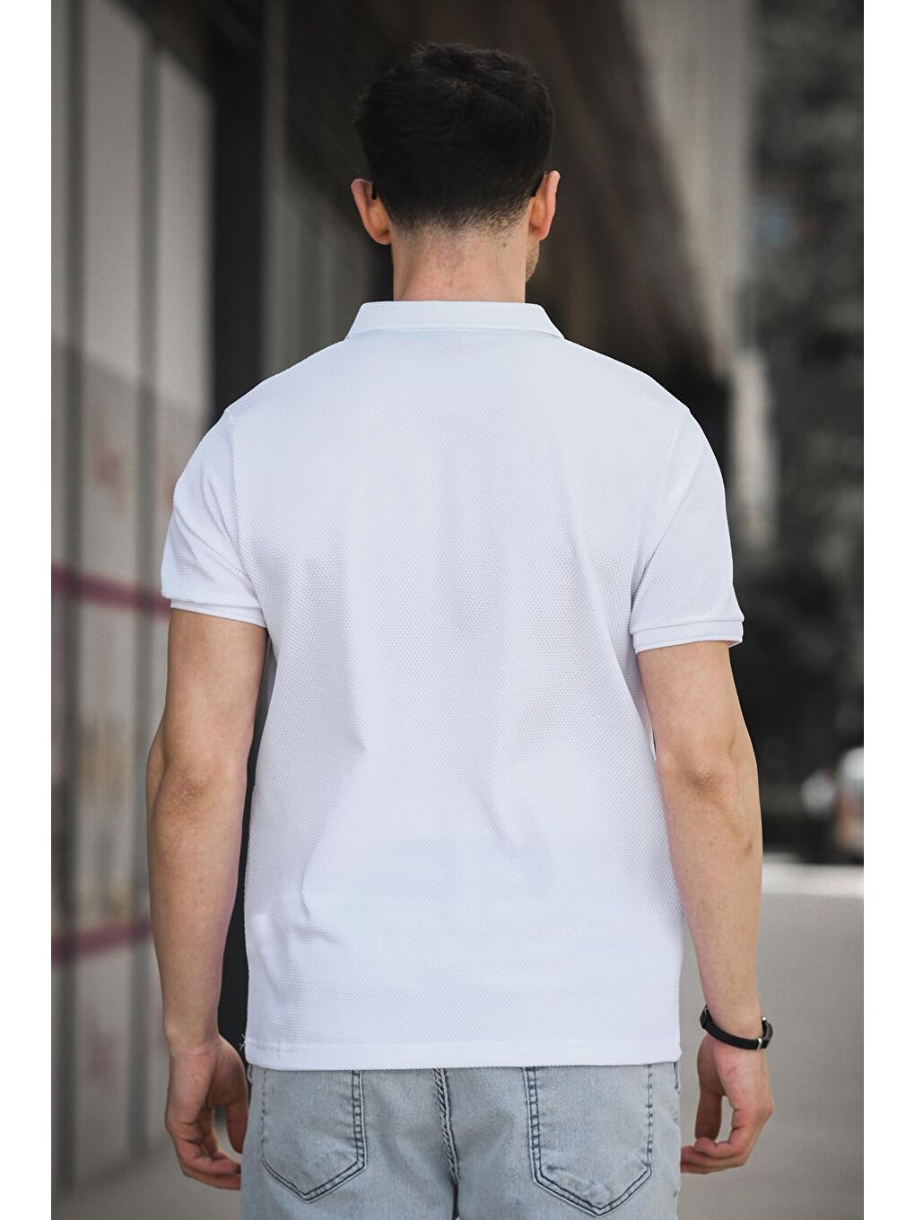 Beyaz Zack Polo Yaka Petek Kumaş Yarım Fermuarlı Erkek Tshirt-3