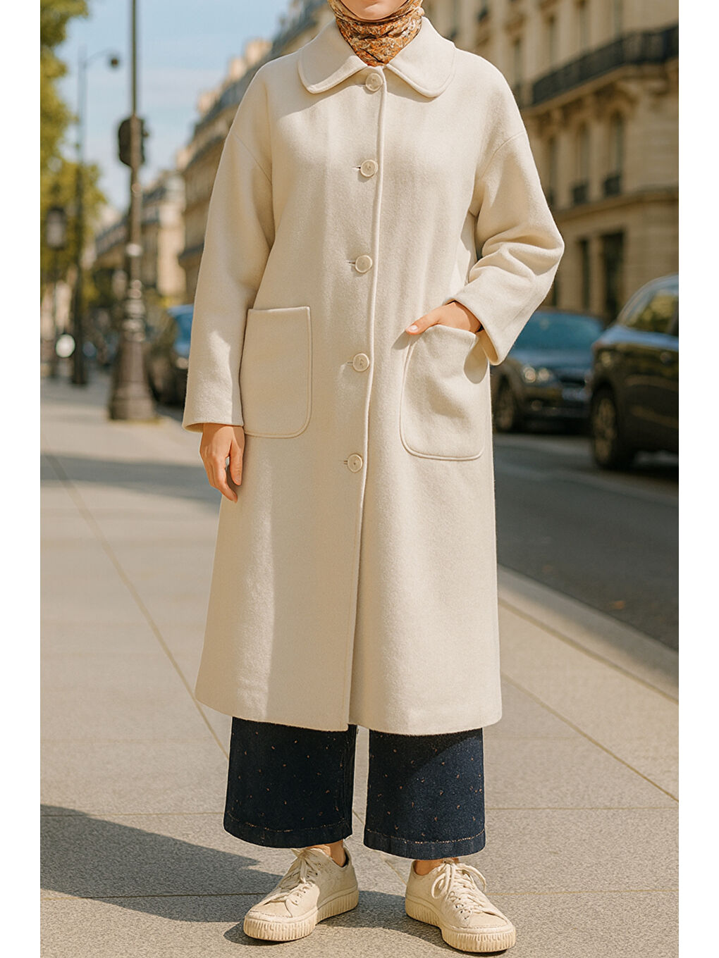 Önü Düğme ve Cep Detay Uzun Kap Ceket 15220 Ekru