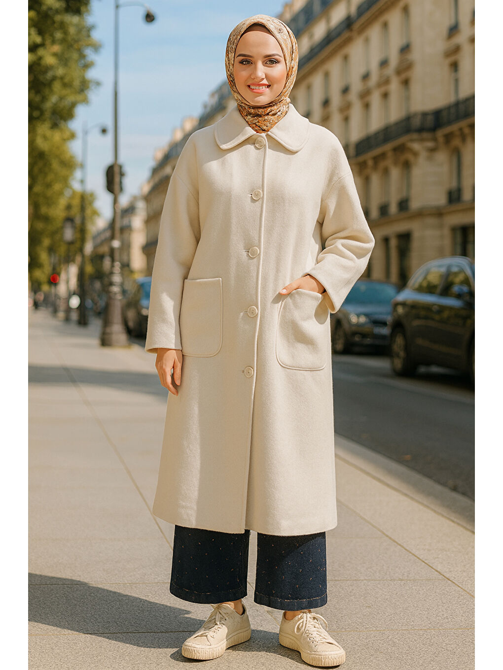 Önü Düğme ve Cep Detay Uzun Kap Ceket 15220 Ekru-1
