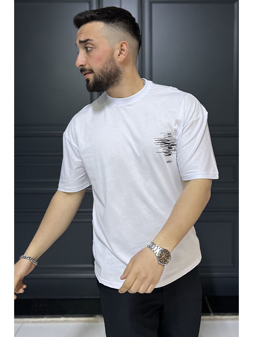 Beyaz Baskılı Bisiklet Yaka Erkek Tişört-1