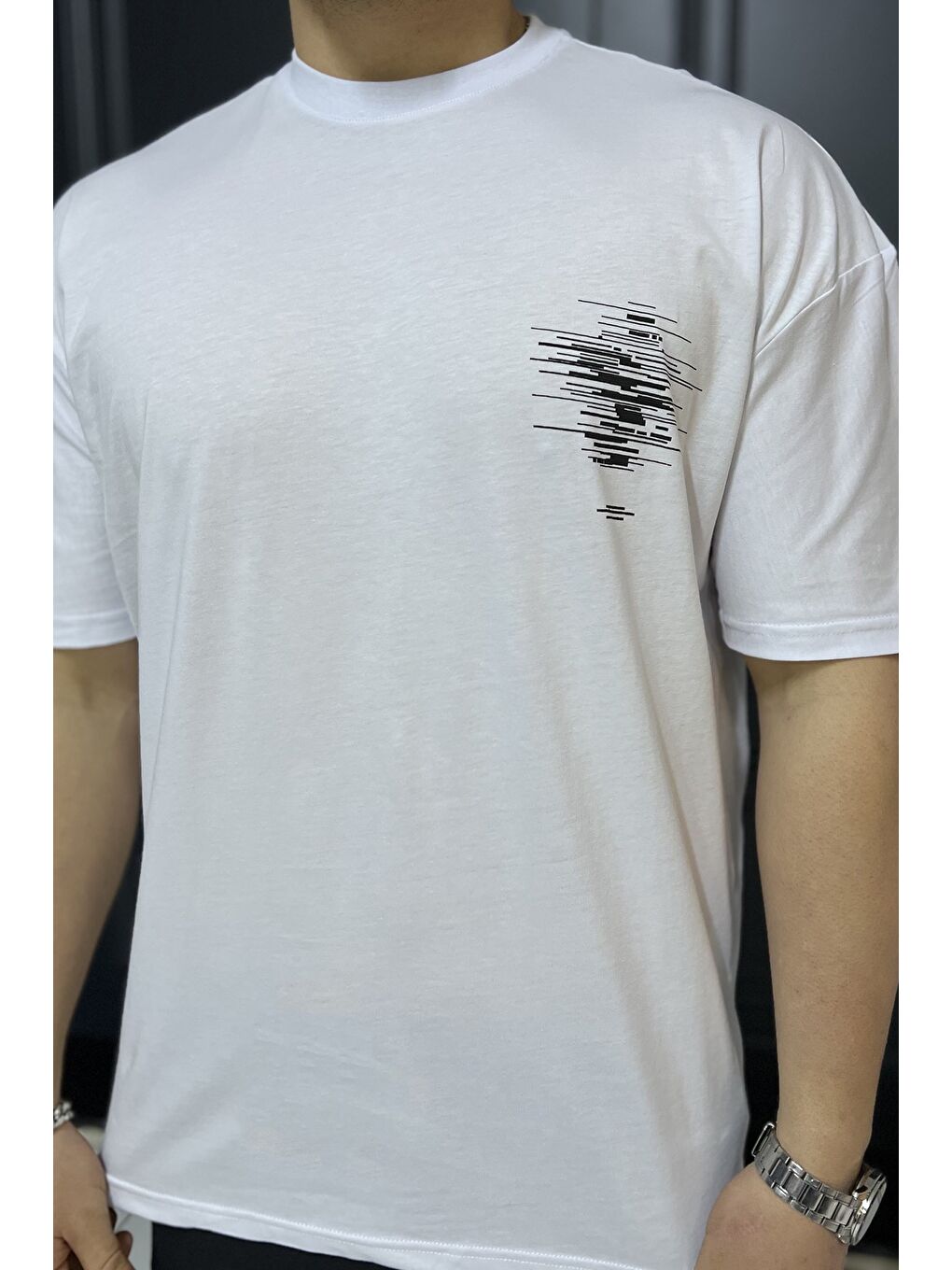 Beyaz Baskılı Bisiklet Yaka Erkek Tişört-2