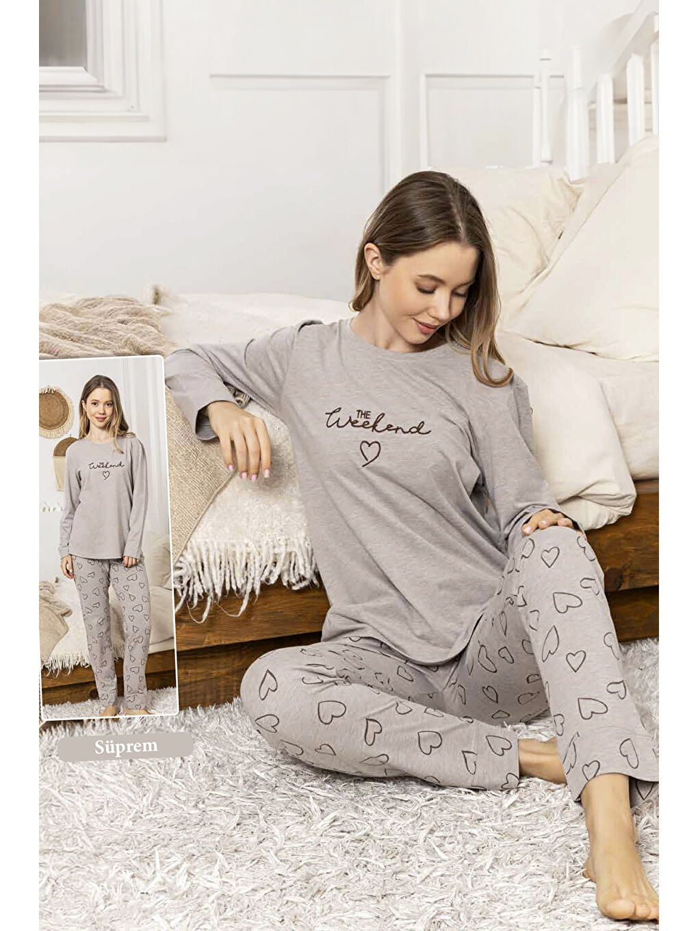 Kahverengi Kadın Kalp Desen Suprem Pijama Takımı 0351 Açık Vizon-3