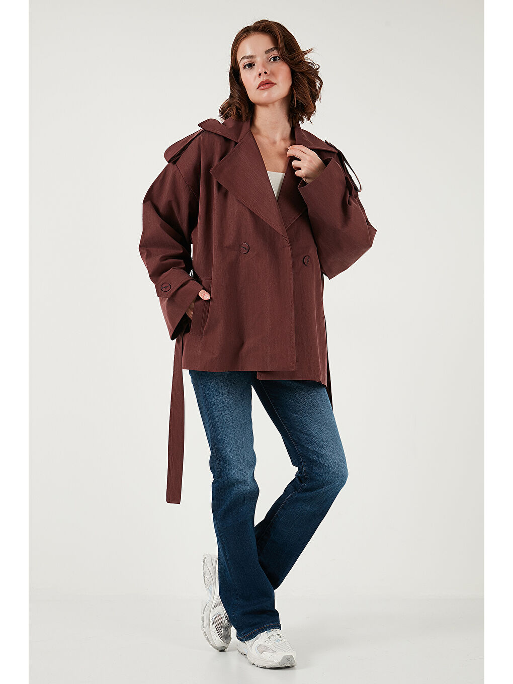 Bordo Oversize Fit Kruvaze Yaka Kuşaklı Düğmeli Trençkot 6839609