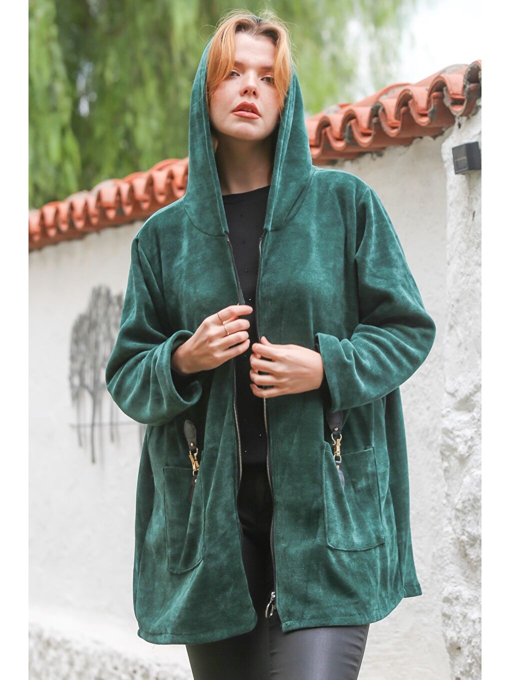 İtalyan Yeşil Kapüşonlu Uzun Kol Fermuarlı Cepli Casual Kadife Dokuma Ceket 80 75