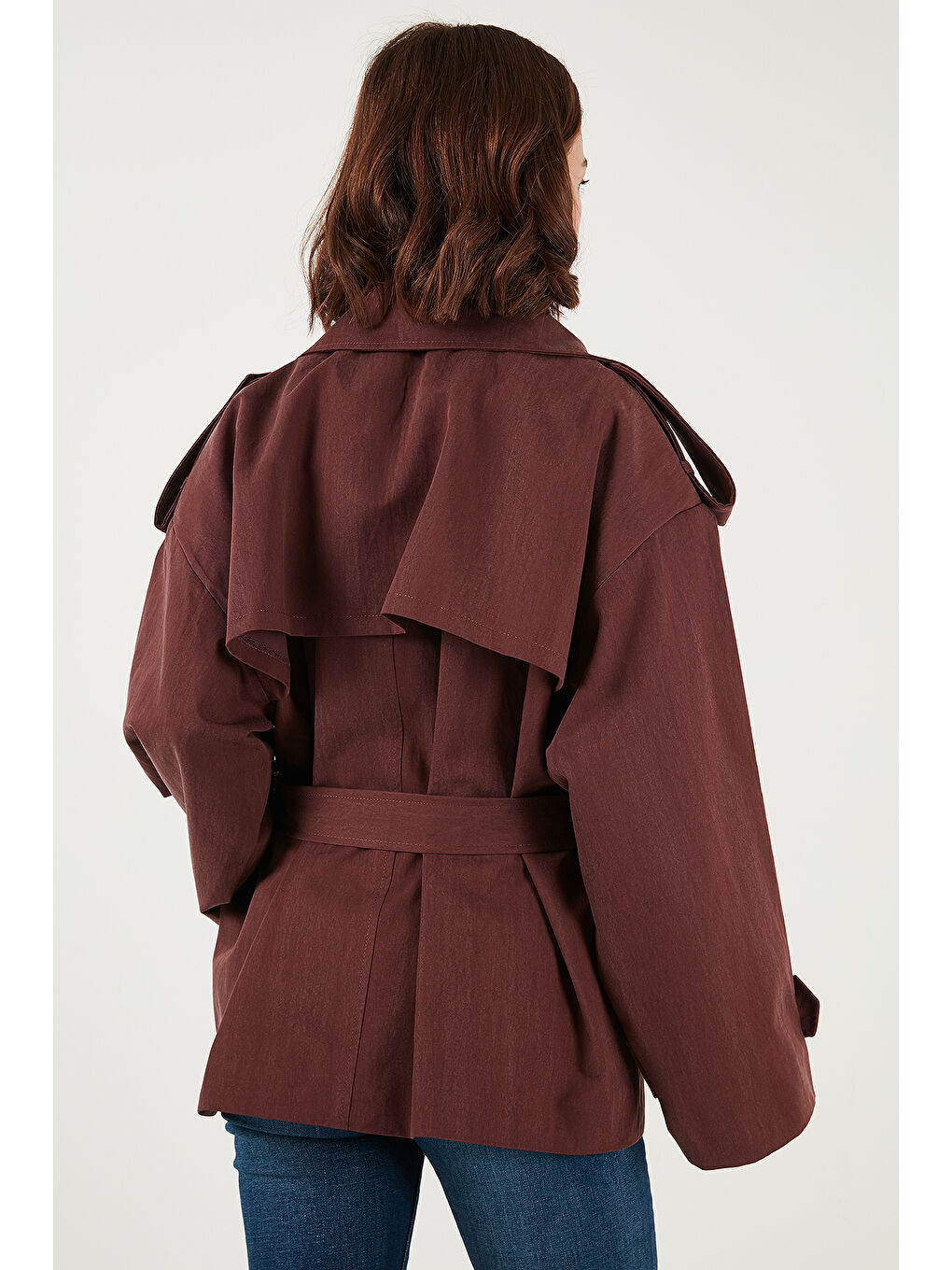 Bordo Oversize Fit Kruvaze Yaka Kuşaklı Düğmeli Trençkot 6839609-4