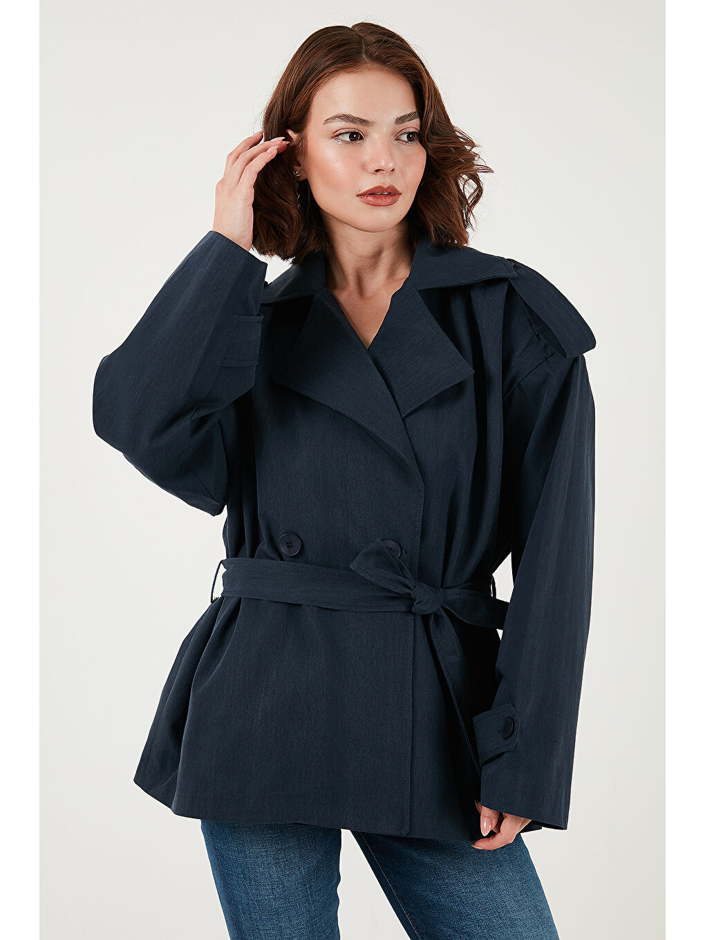 Lacivert Oversize Fit Kruvaze Yaka Kuşaklı Düğmeli Trençkot 6839609