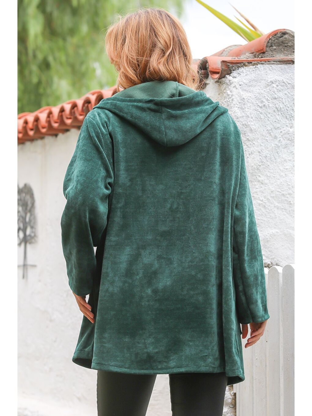 İtalyan Yeşil Kapüşonlu Uzun Kol Fermuarlı Cepli Casual Kadife Dokuma Ceket 80 75-1