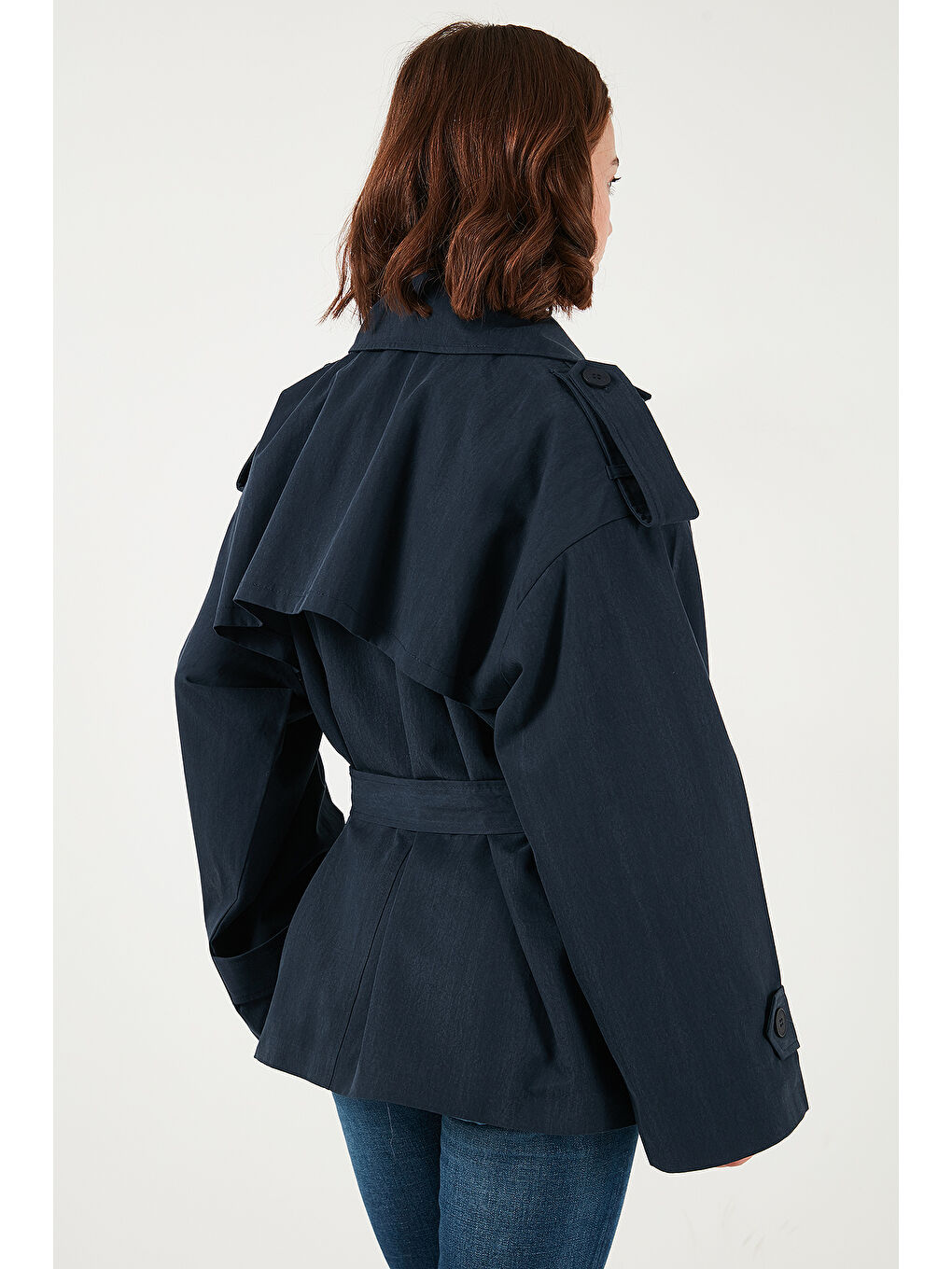 Lacivert Oversize Fit Kruvaze Yaka Kuşaklı Düğmeli Trençkot 6839609-6